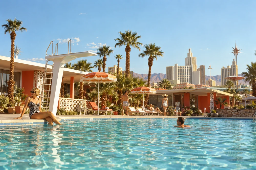 A sunlit pool and palm trees in midcentury Las Vegas