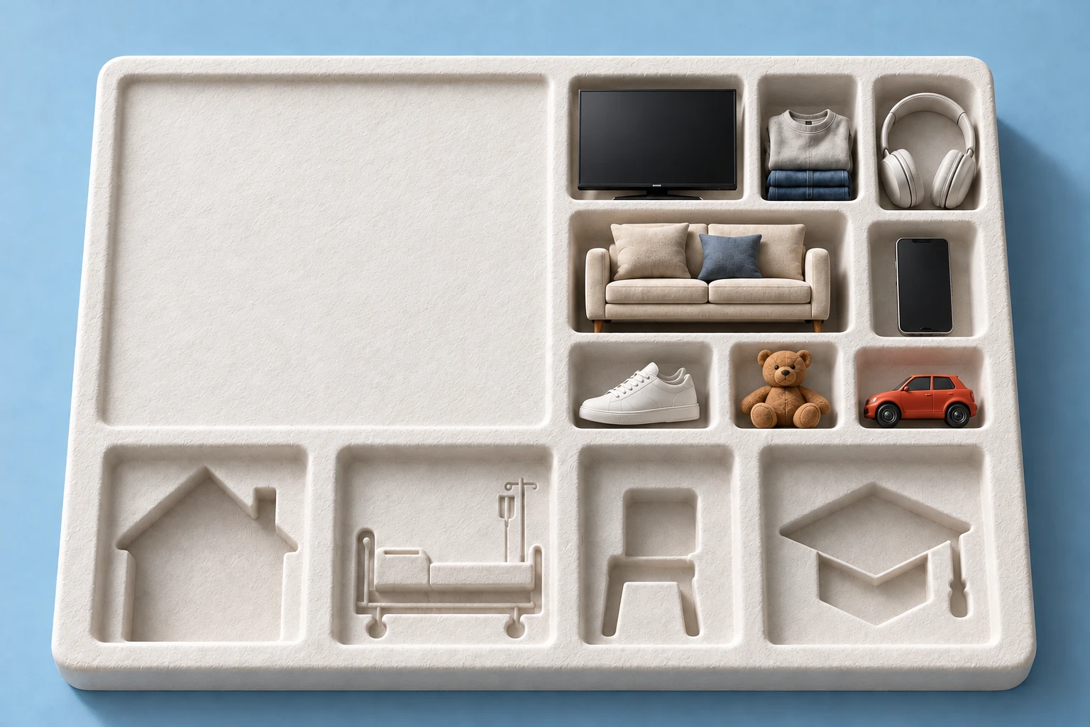 A molded tray holding everyday objects and the empty space for a life