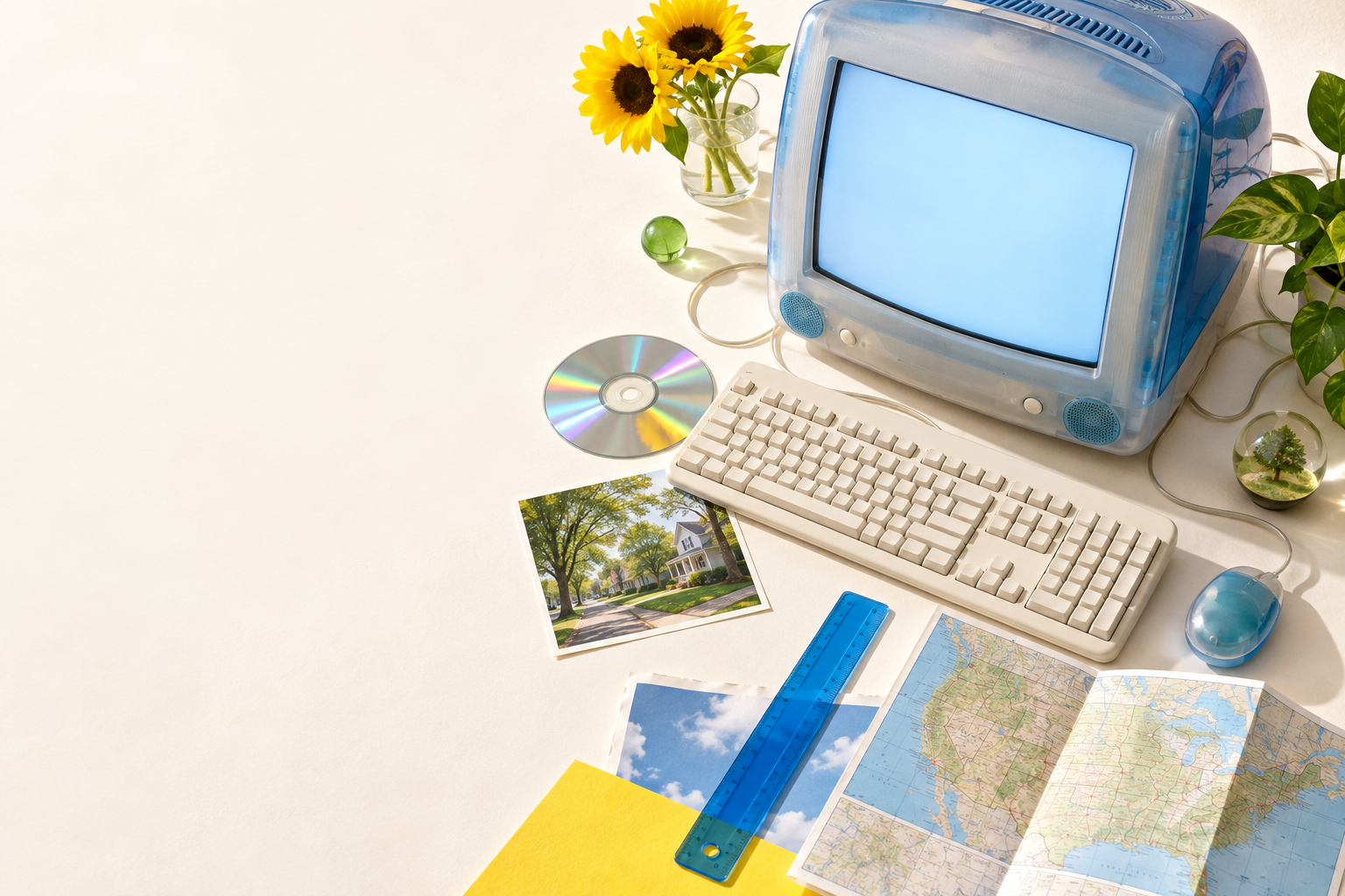 A blue early internet computer surrounded by photographs